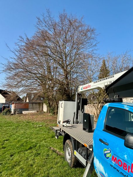Ein Lkw mit Arbeitsbühne steht auf einer Wiese vor einem Baum und einem Wohnhaus.